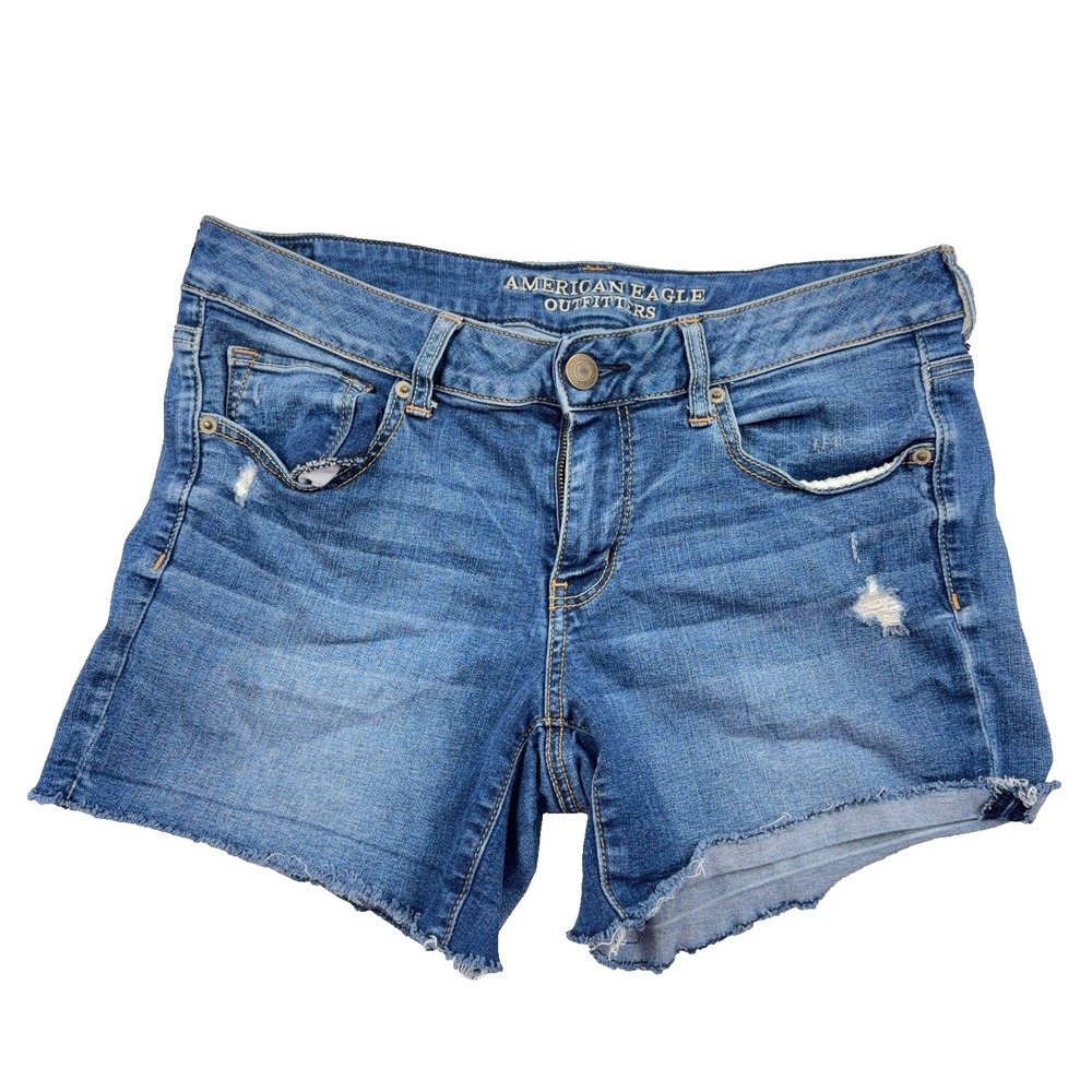 American Eagle Shorts Women 14 Cut Off Low Rise Distressed Med Wash Stretch